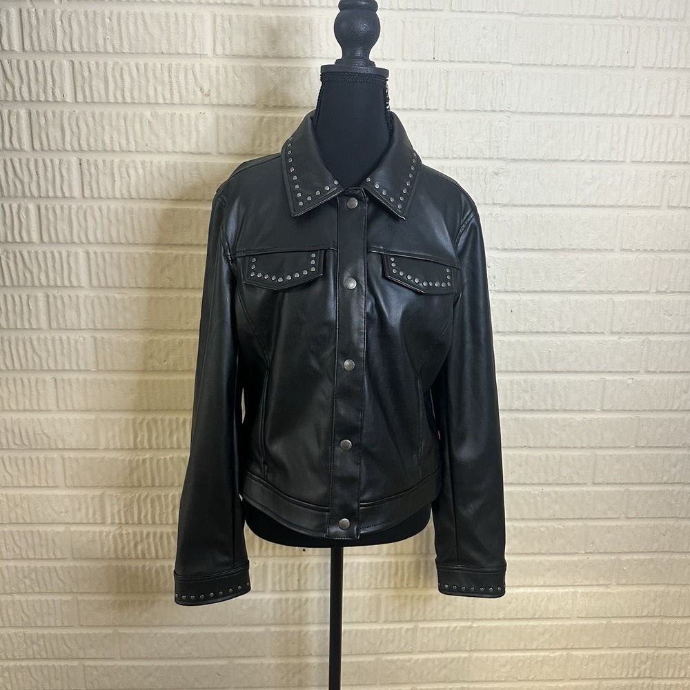 Levi Studded Faux Leather Jacket Sz M Black Goth Biker‎ Sleek Snap Button